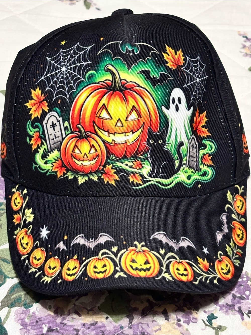 Halloween Pumpkin Cap with Ghost & Cat Print - Black